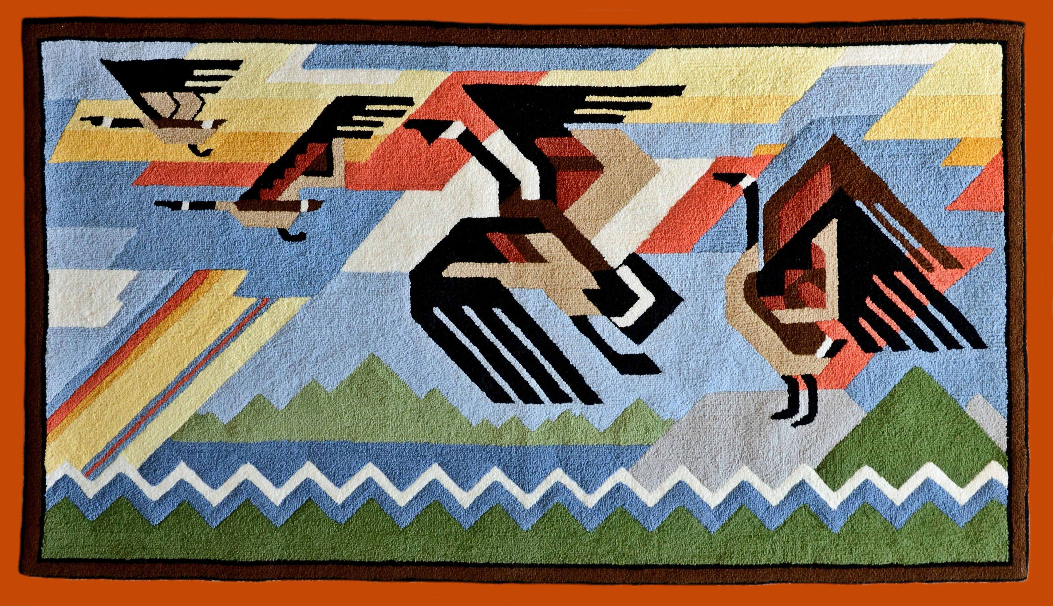 "Geese in Flight" 28"x53", 
#3 cut wool on burlap, Designed by Thor Hansen